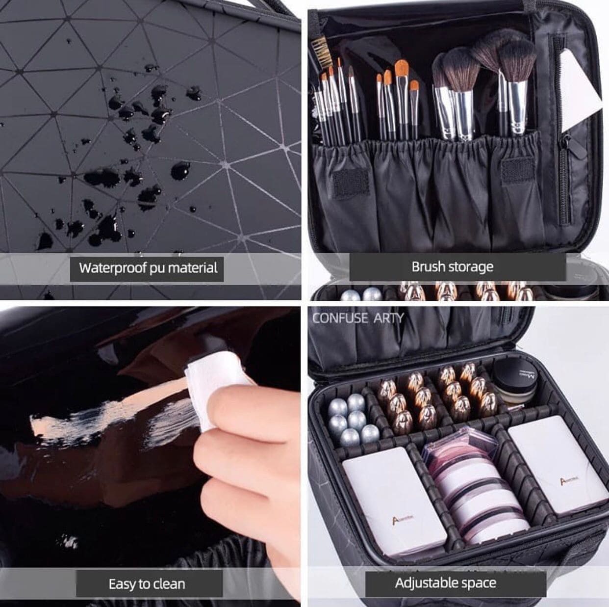 Diamond PU Travel Cosmetic Bag, Portable Cosmetic Bag With Adjustable Dividers, Makeup Brush Organizer, Makeup Suitcase For Women Diamond PU Travel Cosmetic Bag, Portable Cosmetic Bag With Adjustable Dividers, Makeup Brush Organizer, Makeup Suitcase For Women